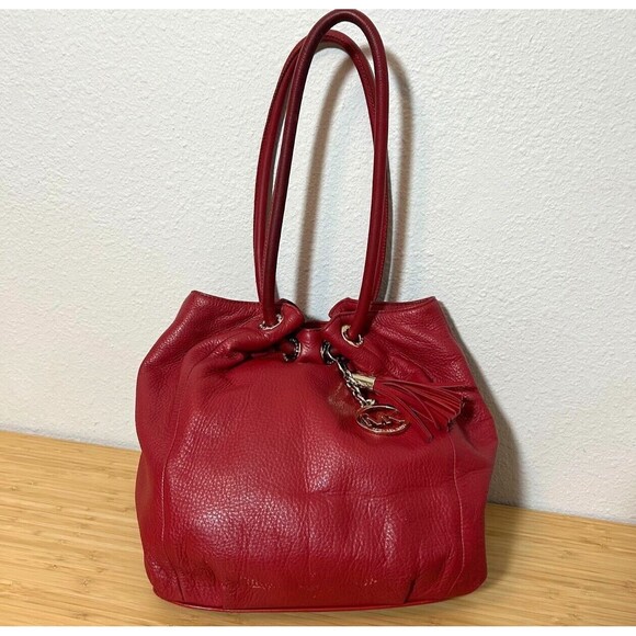 Michael Kors Handbags - Michael Kors Ring Tote Handbag Purse Red Pebbled Leather Tassel Bag Shoulder